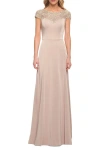 La Femme Jersey Gown With Full Skirt And Lace Detail Top In Champagne