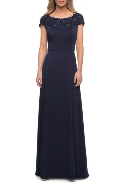 La Femme Jersey Gown With Full Skirt And Lace Detail Top In Navy