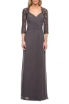 La Femme Jersey Gown With Knot Detail And Lace Sleeves