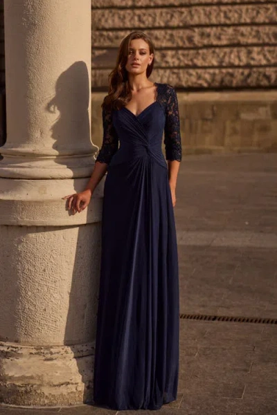 La Femme Jersey Gown With Knot Detail And Lace Sleeves
