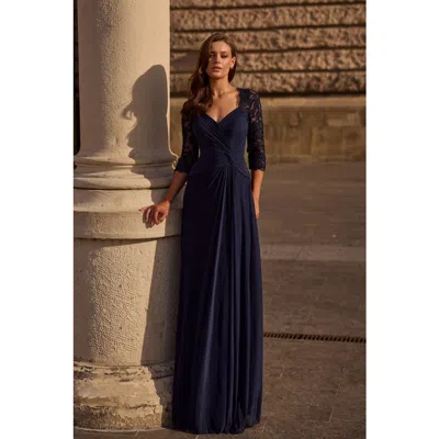 La Femme Jersey Gown With Knot Detail And Lace Sleeves In Blue