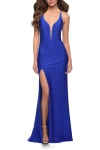 La Femme Jersey Gown With Rhinestones And Deep V Neckline In Royal Blue