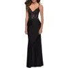 La Femme Sequined Lace Jersey Gown With Sheer Bodice