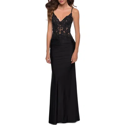La Femme Jersey Gown With Sheer Lace Bodice And Ruching