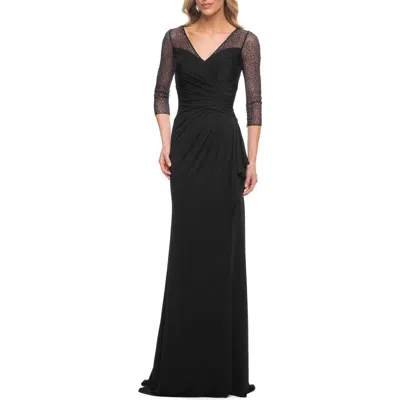 La Femme Jersey Long Dress With Beading And Ruffle Skirt In Black