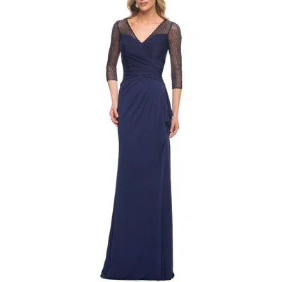 La Femme Jersey Long Dress With Beading And Ruffle Skirt In Navy