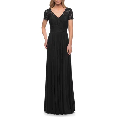 La Femme Jersey Long Evening Dress With Short Lace Sleeves In Black