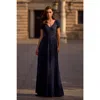 La Femme Jersey Long Evening Dress With Short Lace Sleeves In Navy