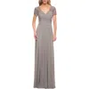 La Femme Jersey Long Evening Dress With Short Lace Sleeves In Silver