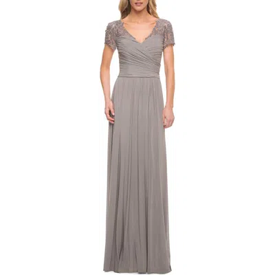 La Femme Jersey Long Evening Dress With Short Lace Sleeves In Silver