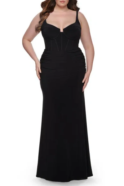 La Femme Jersey Long Plus Size Dress With Bustier Top And Tie Back In Black