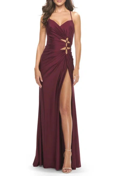 La Femme Jersey Long Prom Dress With Trendy Waist Cut Outs
