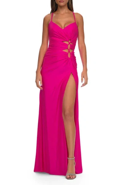 La Femme Jersey Long Prom Dress With Trendy Waist Cutouts In Pink