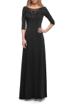 La Femme Jersey Mother Of The Bride Gown With Lace Neckline In Black