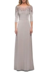 La Femme Jersey Mother Of The Bride Gown With Lace Neckline In Silver
