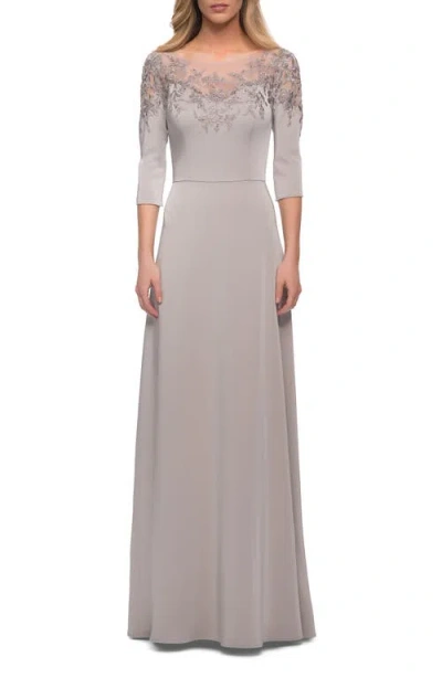 La Femme Jersey Mother Of The Bride Gown With Lace Neckline In Silver