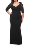 La Femme Jersey Plus Dress With Lace Sleeves And Back In Black