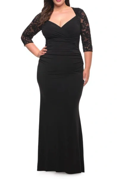 La Femme Jersey Plus Dress With Lace Sleeves And Back In Black