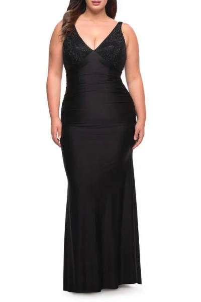 La Femme Jersey Plus Gown With Jeweled Bodice And V-neckline
