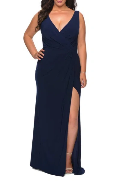 La Femme Jersey Plus Size Dress With V-neckline And Slit In Navy