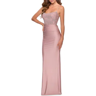 La Femme Jersey Prom Dress With Lace Bodice And Rhinestones In Purple