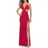 La Femme Jersey Prom Dress With Side Cut Outs And Tie Back
