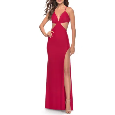 La Femme Jersey Prom Dress With Side Cut Outs And Tie Back