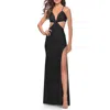 La Femme Jersey Prom Dress With Side Cut Outs And Tie Back