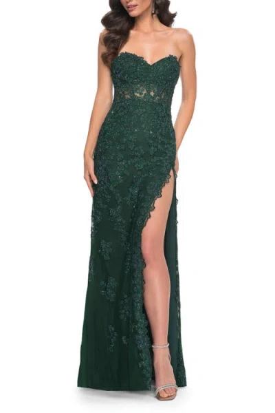 La Femme Jewel Tone Embroidered Lace Fitted Prom Dress With Lace Edge Slit