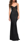 La Femme Jewel Tone Jersey Gown With Sheer Lace Bodice In Black