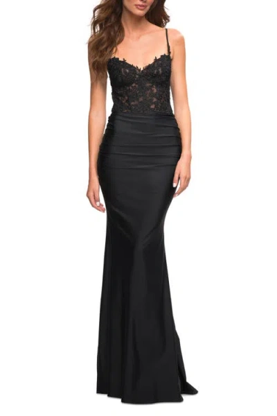 La Femme Jewel Tone Jersey Gown With Sheer Lace Bodice In Black
