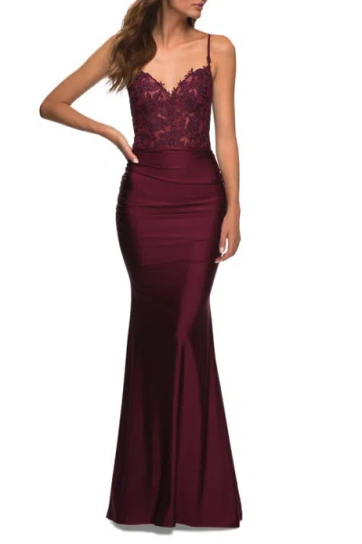 La Femme Jewel Tone Jersey Gown With Sheer Lace Bodice In Dark Berry