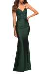 La Femme Jewel Tone Jersey Gown With Sheer Lace Bodice In Dark Emerald