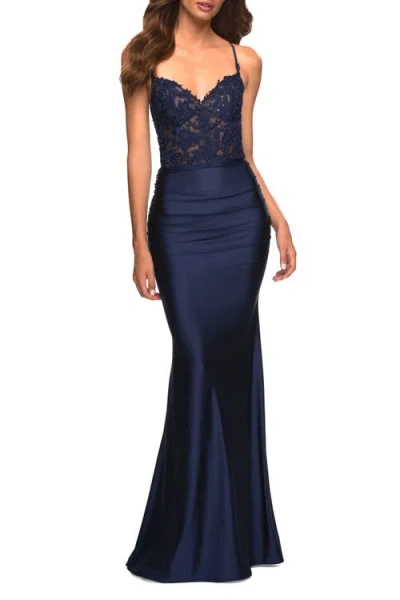 La Femme Jewel Tone Jersey Gown With Sheer Lace Bodice In Navy