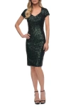 La Femme Knee Length Sequin Dress With Short Sleeves In Dark Emerald