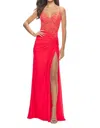 La Femme Knot Twist Detail At The Hip Prom Dress In Hot Coral In Pink