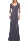 La Femme Lace And Net Jersey Gown With Illusion Sleeves In Gunmetal