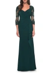 La Femme Lace And Net Jersey Gown With Illusion Sleeves In Hunter Green