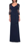La Femme Lace And Net Jersey Gown With Illusion Sleeves In Navy