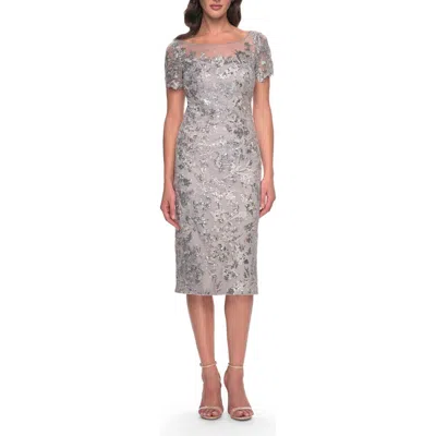 La Femme Lace And Sequin Short Dress With Illusion Neckline In Silver