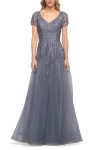 La Femme Lace And Tulle A-line Evening Gown With Cap Sleeve In Slate