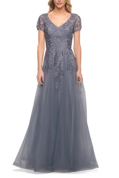 La Femme Lace And Tulle A-line Evening Gown With Cap Sleeve In Slate