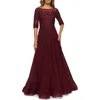 La Femme Lace And Tulle A-line Gown With Three Quarter Sleeves In Burgundy