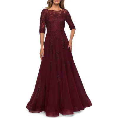 La Femme Lace And Tulle A-line Gown With Three Quarter Sleeves In Burgundy