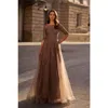La Femme Lace And Tulle A-line Gown With Three Quarter Sleeves In Cocoa