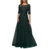 La Femme Lace And Tulle A-line Gown With Three Quarter Sleeves In Emerald