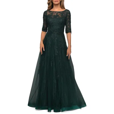 La Femme Lace And Tulle A-line Gown With Three Quarter Sleeves In Emerald