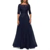 La Femme Lace And Tulle A-line Gown With Three Quarter Sleeves In Navy In Blue