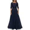La Femme Lace And Tulle A-line Gown With Three Quarter Sleeves In Navy