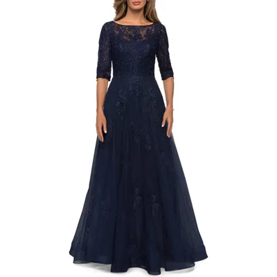 La Femme Lace And Tulle A-line Gown With Three Quarter Sleeves In Navy